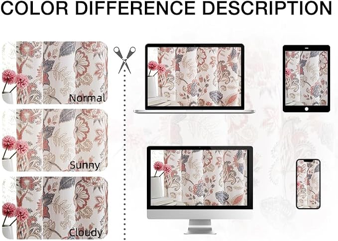 Kayne Studio Backtab Rod Pocket Jacobean Floral Semi Sheer Curtains Botanical Leaf Printed Vintage Farmhouse Navy Red Light Filtering Window Treatment Sets Living Room Bedroom,52"x90",2 Panels
