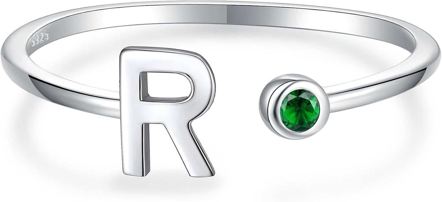 925 Sterling Silver Initial Letter Birthstone Rings for Women Adjustable 1-12 Month Birthstone Alphabet Stacking Ring for Teens Girls Stackable Birthstone Rings Birthday Jewelry Gift for Daughter Mom