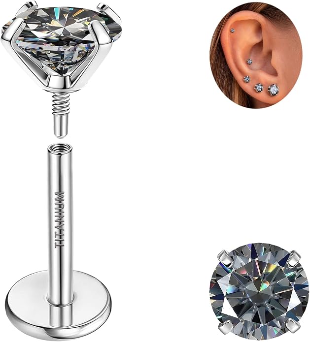 GEMQUEEN Moissanite Earrings G23 Titanium Extended Internal Thread Flat Back Earrings Hypoallergenic Tragus Cartilage Helix Conch Piercing Jewelry for Women Men 18G 6/8mm Post Gray/D Color 0.2-3CT