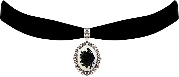 Victorian Vault White Black Velvet Choker Rose Cameo Gothic Steampunk Pendant Necklace