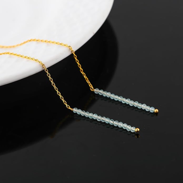 Natural Gemstone Threader Earrings for Women - Dainty 2mm Faceted Beads - Birthstone Crystal Drop Earrings - Silver Plated Healing Jewelry
