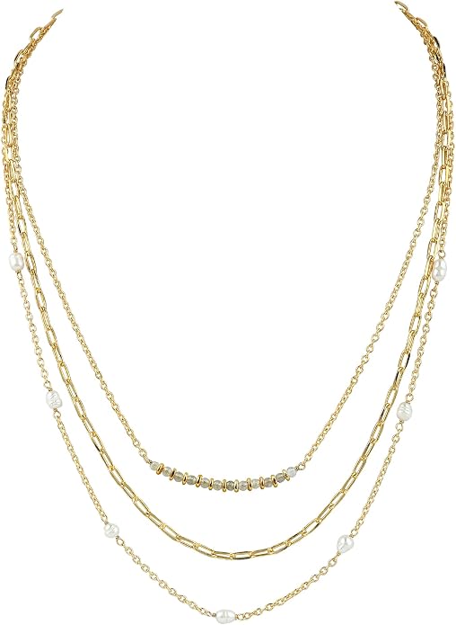 Beads With Pearl 3 Layered Necklaces for Women 14k Gold Plated Dainty Stackable Choker Necklaces for Women Trendy Layering, Cuban Link, Paperclip Chain, For Women Gifts