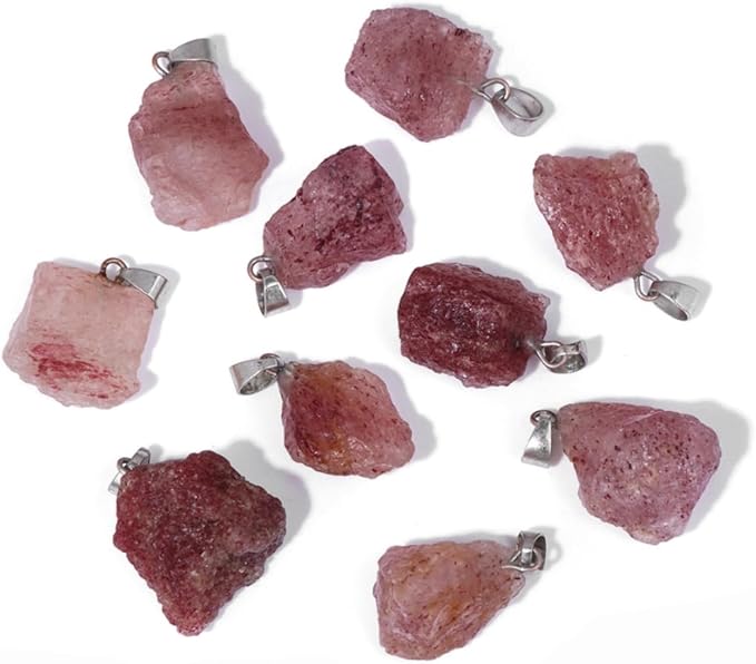 10pcs Irregular Raw Natural Strawberry Rock Stone Pendant Healing Crystal Chakra Gemstone Charm for Jewelry Making DIY Necklace Earrings Accessories Reiki