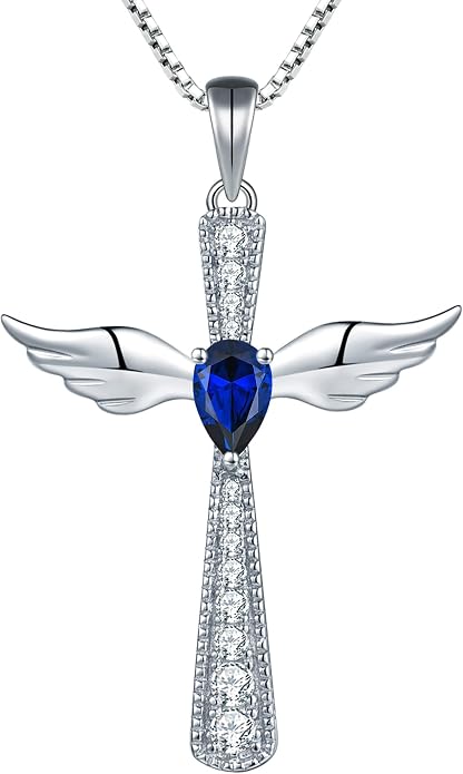 YL Cross Necklace 925 Sterling Silver Angel Wings Pendant Teardrop Birthstone Criss Jewelry for Women