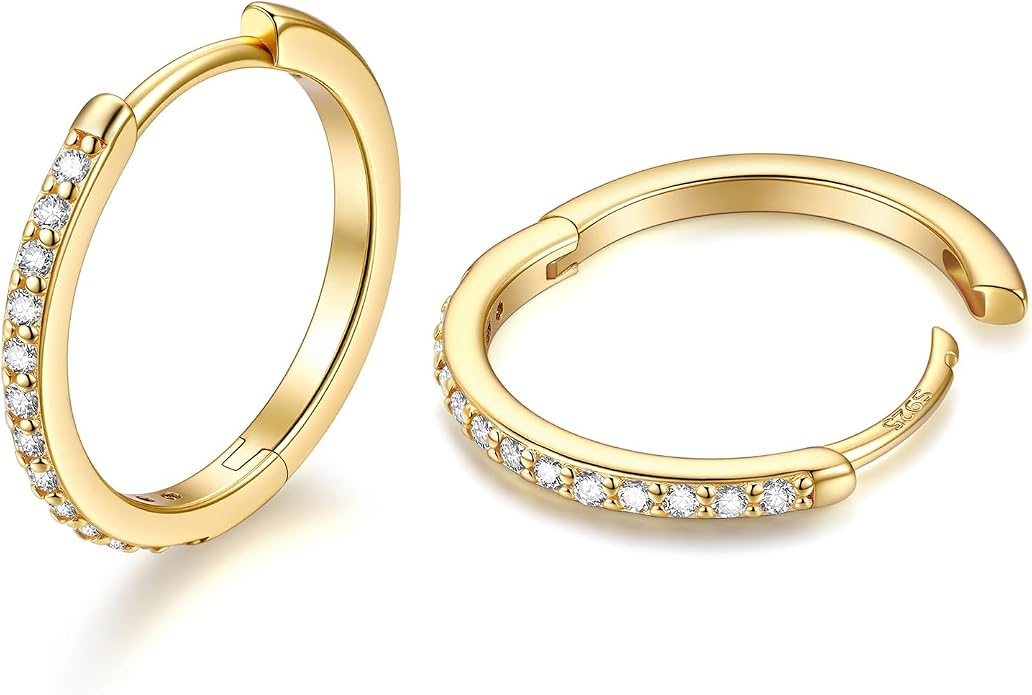 JustBeingCute 925 Sterling Silver Hoop Earrings for Women 14K Gold Plated Small Huggie Earrings Hypoallergenic Cubic Zirconia Cartilage Hoop Earring(8/10/12/14/16/18/20mm)