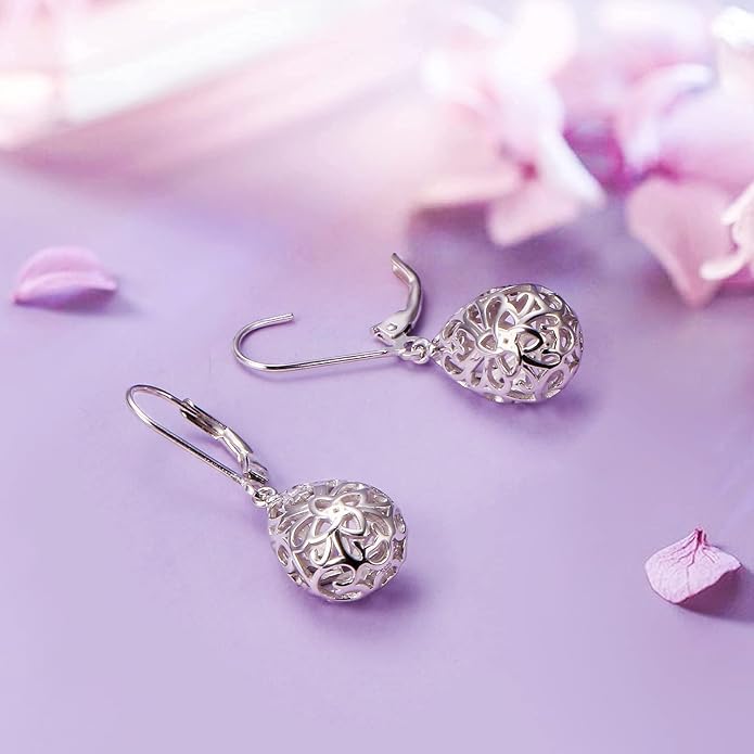 925 Sterling Silver Filigree Dangle Drop Earrings Daisy/Lotus/Rose Flower/Moonstone Leverback Teardrop Earrings for Women Infinity Celtic Knot Daisy Lotus Jewelry for Mothers Day