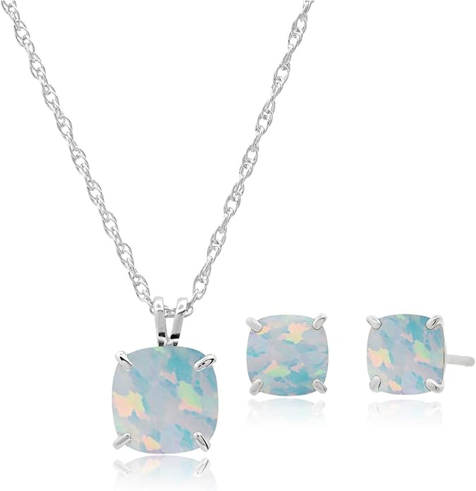MAX + STONE 14k Gold Plated or Sterling Silver Cushion Cut Gemstone Stud Earrings and Pendant Necklace for Women with 6mm and 8mm Birthstones 18 Inch Chain and Push Backs Jewelry Set