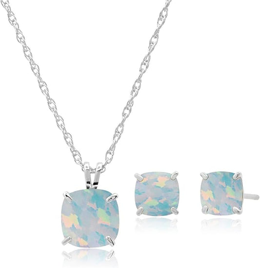 MAX + STONE 14k Gold Plated or Sterling Silver Cushion Cut Gemstone Stud Earrings and Pendant Necklace for Women with 6mm and 8mm Birthstones 18 Inch Chain and Push Backs Jewelry Set
