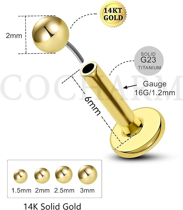 COCHARM 14K Solid Gold Helix Cartilage Tragus Earring Stud 16g Yellow Gold Threadless Tragus Cartilage Helix Conch Piercing Jewelry Flat Back Lip Labret Medusa Monroe Piercing Stud