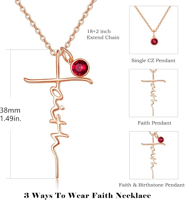 PRAYMOS Faith Cross Necklace for Women 925 Sterling Silver Pendant Necklace With Birthstone Initial Christian Religious Confirmation Baptism Mothers Day Gifts