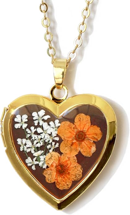 Handmade Heart Shaped Dried Pressed Forget Me Not Flower Photo Locket Pendant Necklace