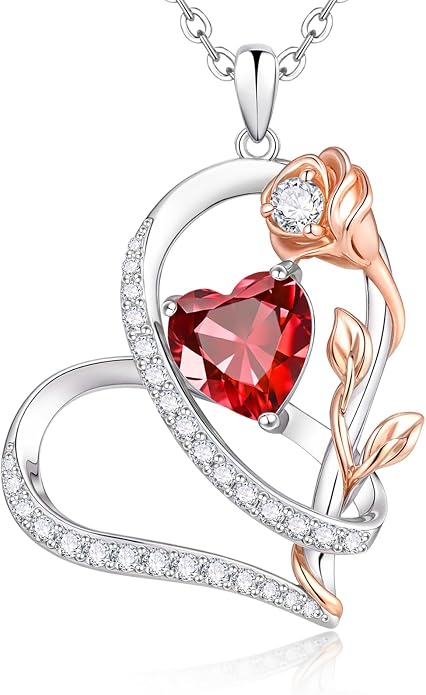 Rose Heart Birthstone Necklace for Women - Dainty 925 Sterling Silver Necklaces for Women Trendy CZ Pendant Necklace Jewelry Birthday Anniversary Christmas Gifts for Girlfriend Mom Lady Daughter