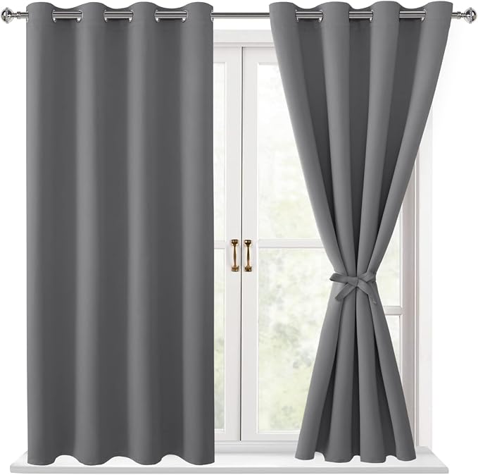 Hiasan Blackout Curtains for Bedroom, 52 x 54 Inches Long - Thermal Insulated & Light Blocking Window Curtains for Living Room, 2 Drape Panels Sewn with Tiebacks, Light Grey