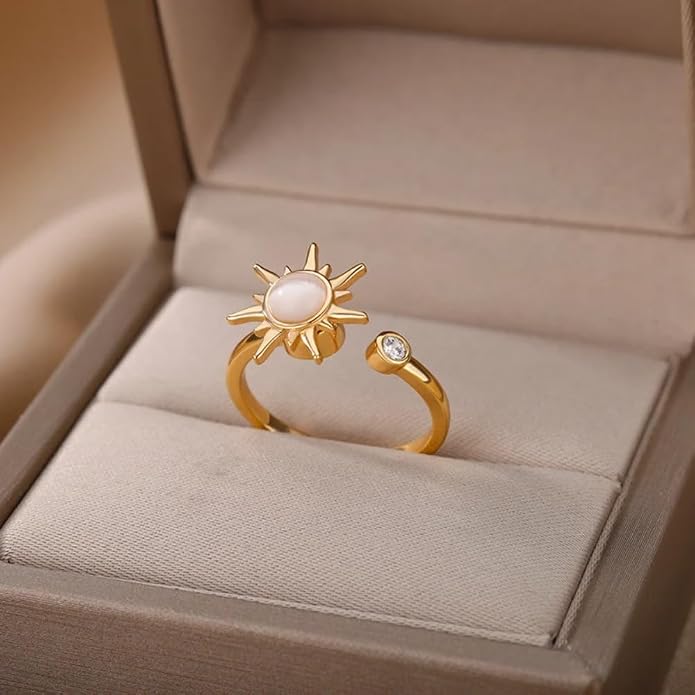Cat's Eye Stone Sun Fidget Anxiety Relief Ring Cz Rhinestone Zircon Open Adjustable Spinner Finger Band Stackable Rings for Women Stress Relieveing Boredom Adhd Autism Graduation Jewelry Promise Gift