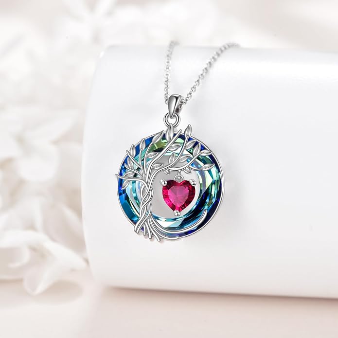 POPLYKE Mothers Day Gifts for Mom Her Wife Tree of Life Necklace 925 Sterling Silver Birthstone Pendant with Crystal Anniversary Birthday Wedding Jewelry for Women