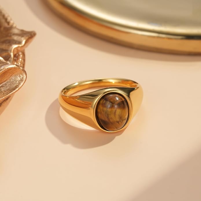 YeGieonr Gold Signet Rings for Women Non Tarnish Gold Rings, Waterproof Gemstones Statement Ring, 18K Gold Plated Stainless Steel Gem Stone Jewelry Gift for Everyday Wear