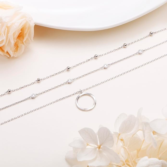 Layered Choker Necklaces for Women S925 Sterling Silver Circle/Heart/Cross/Star Multi Layered Necklace Handmade Bead Chain Adjustable Jewelry for Birthday