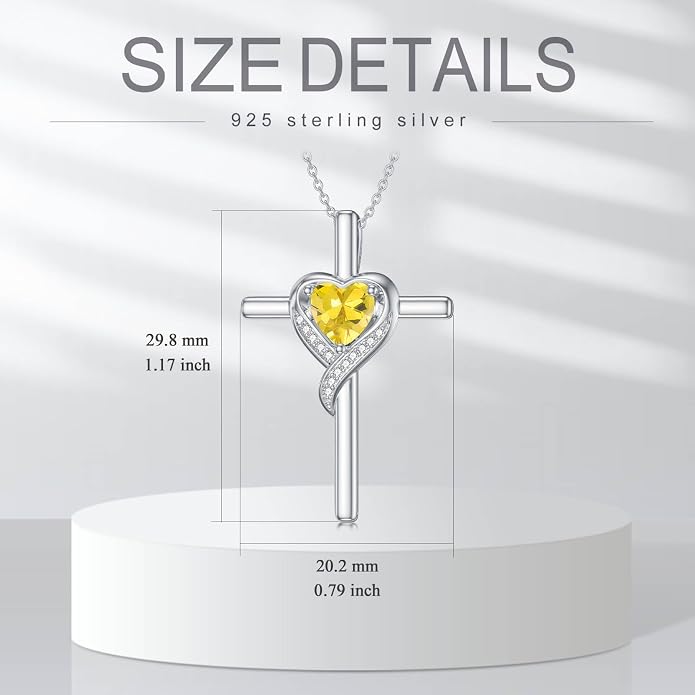 TOUPOP Birthstone Cross Necklace for Women 925 Sterling Silver Heart Cross Pendant Necklace Mothers Day Birthday Jewelry Gifts for Mom Wife Her