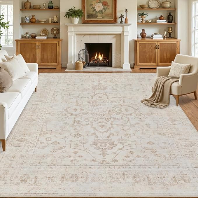 10x14 Area Rug for Living Room: Vintage Boho Neutral Washable Rug Indoor Soft Large Area Rug Carpet for Bedroom Nursery Farmhouse Dining Room Office Floor Non-Slip Low Pile Under Table Rug Warm Beige