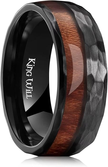 King Will 8mm Silver Hammered Titanium Ring Center Inlaid Wood Wedding Band for Men Hammered Wood Titanium Rings Polish Comfort Fit