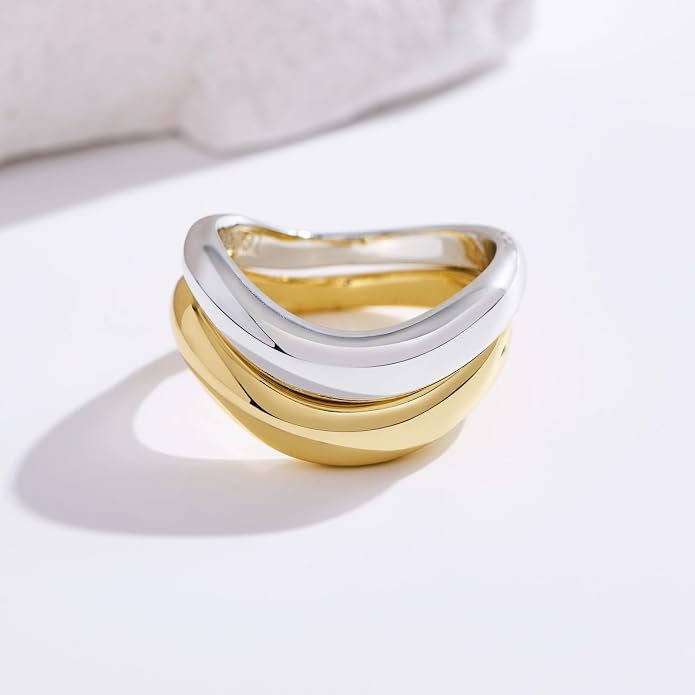 NOKMIT Chunky Wavy Dome Rings for Women, 14K Gold Filled Thick Curved Band | Statement Bold Wave Band | Stackable Thumb Ring | Hypoallergenic & Non-tarnish | Comfort Fit Size 6-10