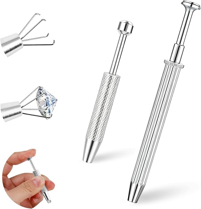 ONESING 2Pcs Piercing Ball Grabber Tool for Changing Jewelry, Stianless Steel Flat Back Earring Applicator Internally Threaded Push Pin Piercing Grabber Tool, Anti Slip 4 Claw Gem Ball Grabber Tool