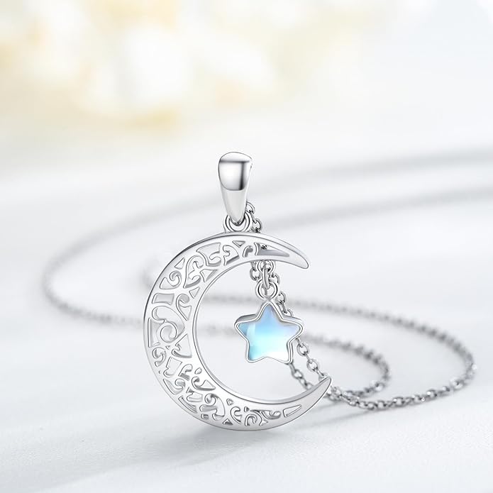 TRISHULA Moon Star Necklace, 925 Sterling Silver Crescent Moon Sun Pendant with Moonstone Crescent Jewelry Gift for Her Sister Birthday Christmas