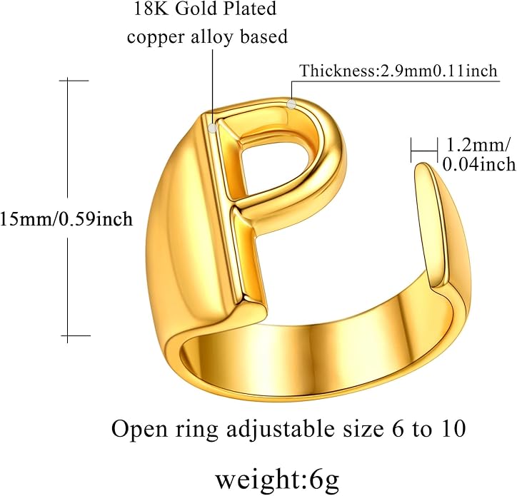 FindChic Customizable Initial Ring Statement 18K Gold Plated Fashion Cuff Rings for Women Alphabet Letter A to Z Resizable Knuckle Ring (with Gift Box)