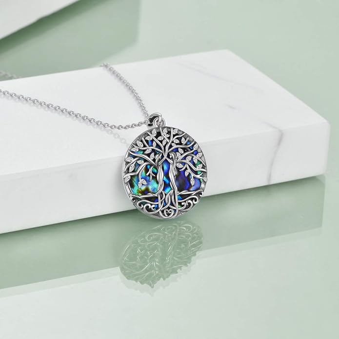 ONEFINITY Tree of Life Necklace for Women Sterling Silver Abalone Shell Crystal Tree of Life Pendant Necklace Family Tree Jewelry for Mom Daughter Sister Girls Christmas Gifts