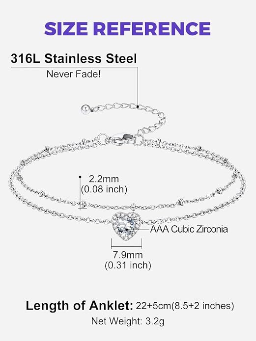 Richsteel Double Layer Heart/Butterfly Birthstone Anklet for Women Non Tarnish Waterproof, Silver/Gold/Black Stainless Steel 8.5-10.5 Inch Adjustable Chain Anklets Jewelry Gifts for Her