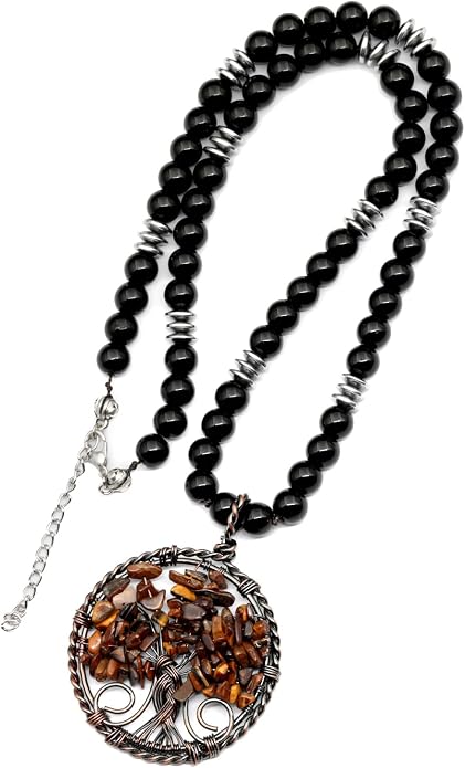 ElisaJewelryArt - Natural Amethyst Big Tree Of Life Pendant Black Onyx Stone Beaded Necklace Genuine Gemstone Feng Shui Stone Clasp Closure Necklace Unisex Necklace