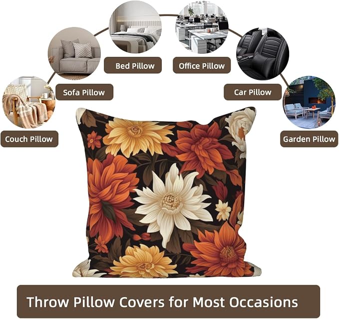 Vintage Floral Throw Pillow Covers 22''x22'' Set of 4, Colorful Flowers Pillow Cases Decorative Printed Cushion Covers for Couch Sofa Bedroom Farmhouse Livingroom Garden Patio Car Outdoor