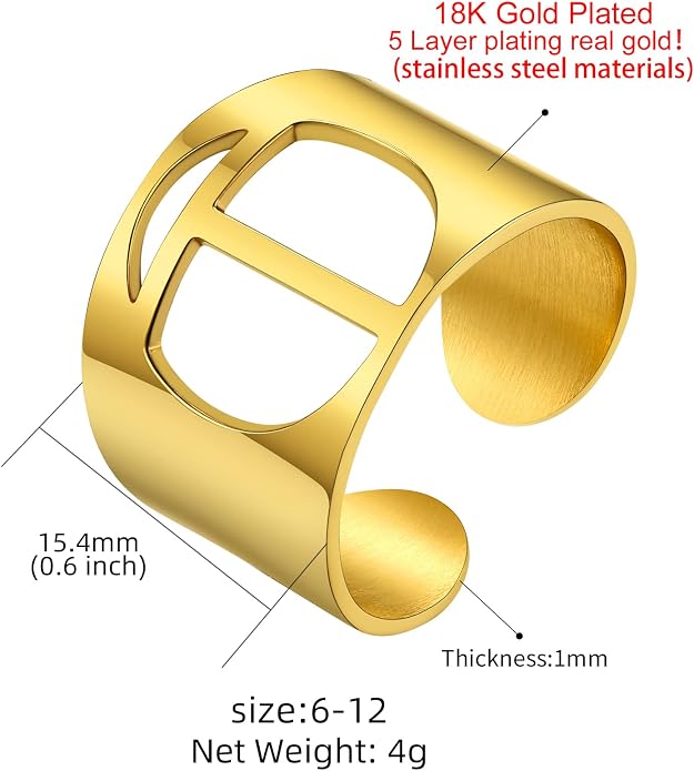 KeyStyle Bold Initial Letter Rings Adjustable, GoldChic Jewelry Women Gold Statement Ring Personalized Engraved Women’s Open Signet Ring for Party (Gold, White Gold, Black)