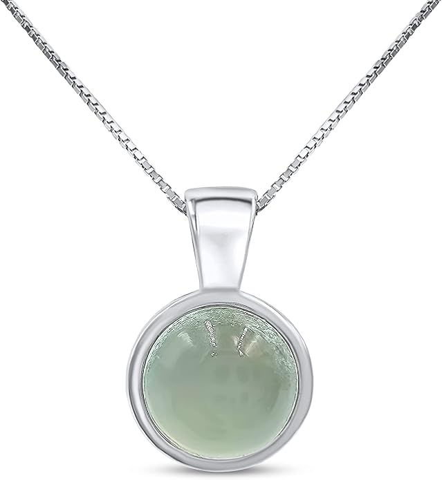 Natural gemstone 8mm round pendant with white gold over 925 sterling silver bezel cabochon plate and box chain, real genuine dainty birthstone gift for her, uniquelan jewelry