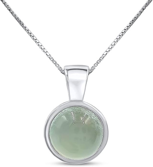 Natural gemstone 8mm round pendant with white gold over 925 sterling silver bezel cabochon plate and box chain, real genuine dainty birthstone gift for her, uniquelan jewelry