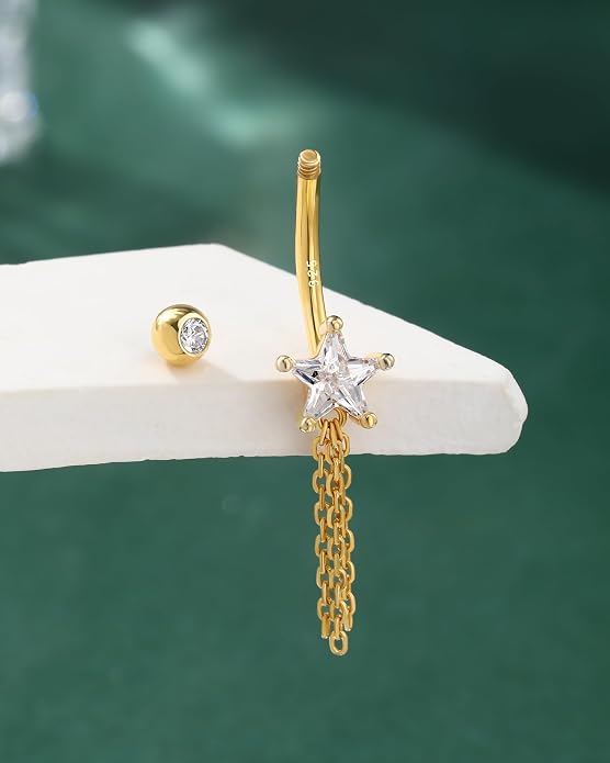 COCHARM 14K Gold Plated Belly Button Rings 925 Sterling Silver Belly Navel Rings for Women Star Navel Piercing Jewelry