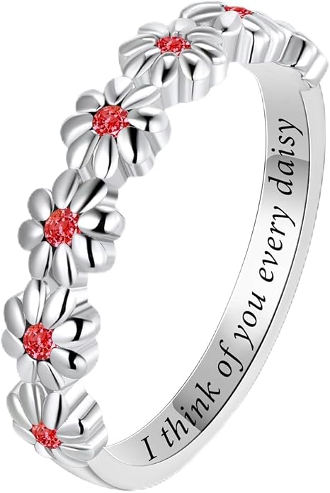 Dainty Daisy Ring for Women, S925 Sterling Silver Cubic Zirconia Sunflower Flower Ring For Daughter, I Think Of You Every Daisy Ring, Birthstone Flower Ring