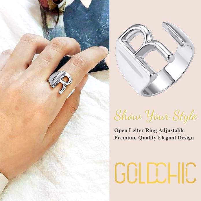 KeyStyle Bold Initial Letter Rings Adjustable, GoldChic Jewelry Women Gold Statement Ring Personalized Engraved Women’s Open Signet Ring for Party (Gold, White Gold, Black)