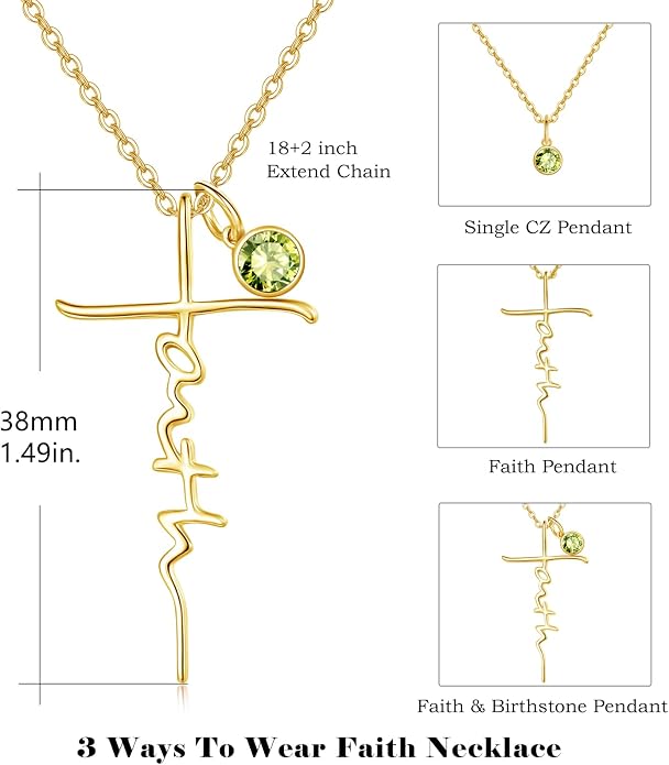 PRAYMOS Faith Cross Necklace for Women 925 Sterling Silver Pendant Necklace With Birthstone Initial Christian Religious Confirmation Baptism Mothers Day Gifts