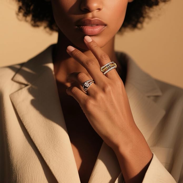 14K Gold Plated Interlocked Stackable Rings for Women Non Tarnish,Gold and Silver Cubic Zirconia Statement Rings Set,Mixed Metals Ring Two-Toned Connected Bands Stacking Jewelry