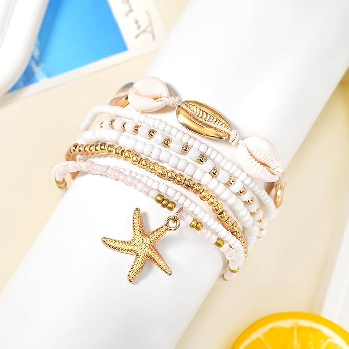 7 Pack Boho Beaded Shell Anklet Bracelets for Women Colorful Stretch Cowrie Seashell Starfish Ankle Bracelet Stack Adjustable Summer Beach Accessories Cute Hawaiian Jewelry