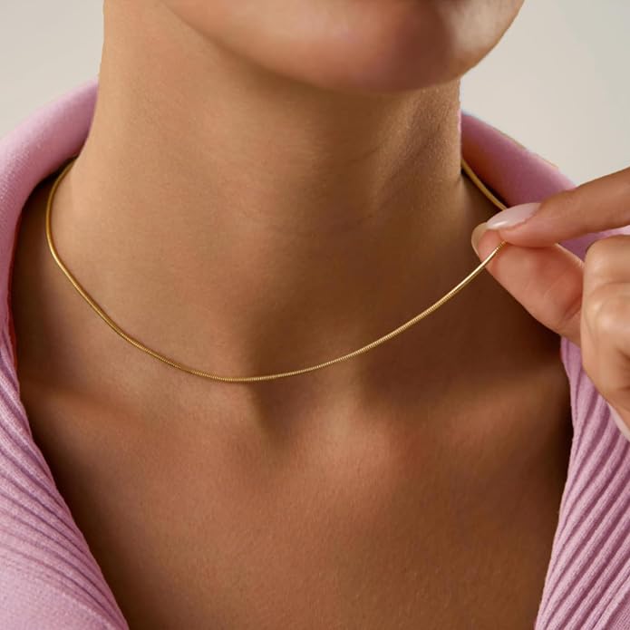 Gold Herringbone Necklace For Women - Rope Chork,Flat Snake Chain Necklaces in 18K Gold & White Gold Plated Tone - Simple Daily Jewelry-Tarnish Free-16-18in