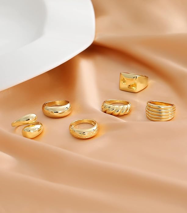 KOHOTA 6PCS Thick Dome Chunky Rings for Women 18K Gold Plated Braided Twisted Signet Ring Big Croissant Ring Minimalist Statement Ring Size 5-9