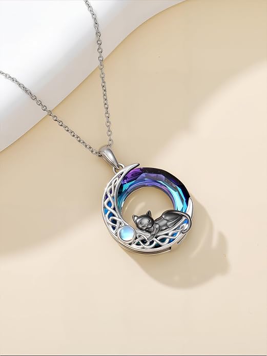 TOUPOP Cat Necklace Gifts for Women Sterling Silver Celtic Mounatin Moon Pendant with Blue Crystal Birthday Christmas Jewelry Gifts for Women