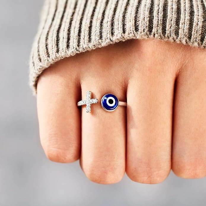 Adjustable Evil Eye Ring Silver Dainty Open Adjustable Rings Cross Evil Eye Jewelry for Women Energy Protection Ring