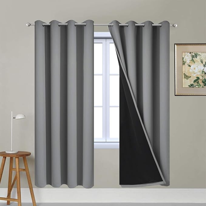 Yakamok Grey Blackout Curtains 72 Inches Long for Bedroom 52" Wide 2 Pcs | Blackout Curtain Panels for Bedroom, 2 Thick Layers Grommet Top Thermal Insulated Drapes with Black Liner for Living Room