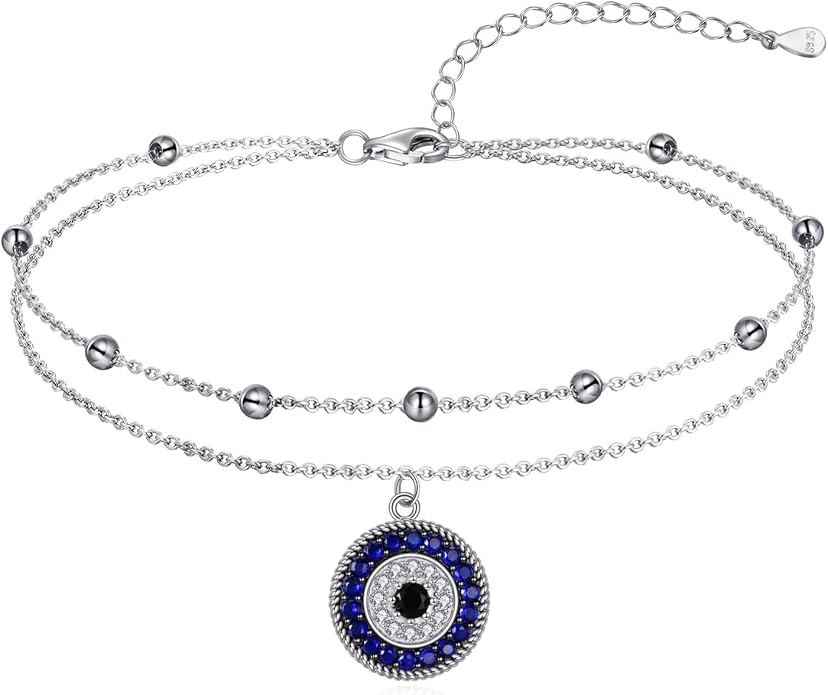 Blue Evil Eye Anklet Greek Evil Eye Anklet Bracelet Adjustable Ojo Turco Kabbalah Amulet Nazar Layered Silver Ankle Bracelets Protection Jewelry Amulet Gift for Wife Mother Sister Birthday