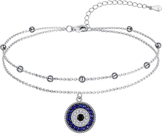 Blue Evil Eye Anklet Greek Evil Eye Anklet Bracelet Adjustable Ojo Turco Kabbalah Amulet Nazar Layered Silver Ankle Bracelets Protection Jewelry Amulet Gift for Wife Mother Sister Birthday