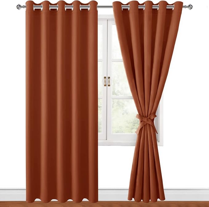 Hiasan Blackout Curtains for Bedroom, 60 x 84 Inches Long - Thermal Insulated & Light Blocking Window Curtains for Living Room/Kids Room Fall Decor, 2 Drape Panels Sewn with Tiebacks, Burnt Ochre