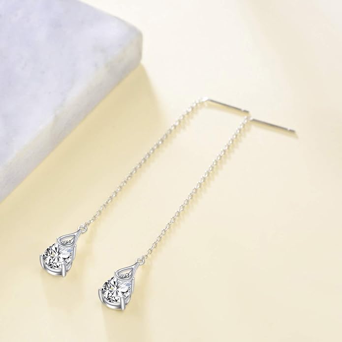 POPLYKE Sterling Silver CZ Threader Earrings Teardrop Chain Tassel Dangling Earrings for Women Dangling Jewelry